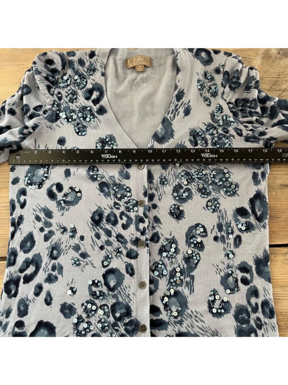Kelly Leopard Print Sequin Cardigan Sweater Womens XS Blue 3/4 Ruched Sleeve - Picture 6 of 7